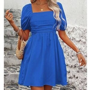 Shein US 8/10 $35 Royal Blue Square Neck Puff Sleeve Fit & Flare Mini Dress